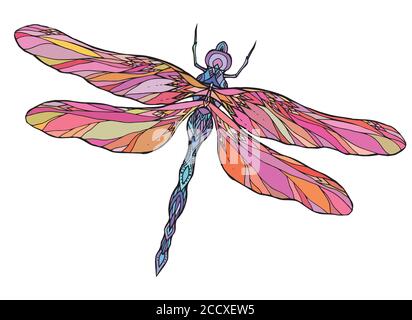 Colorful dragonfly illustration with boho pattern. Vector element for sketching tattoos, printing on T-shirts, postcards and your creativity Stock Vector