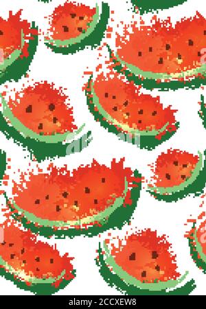Seamless texture with slices of watermelons and watercolor spray on a white background. Vector pattern for your creativity Stock Vector