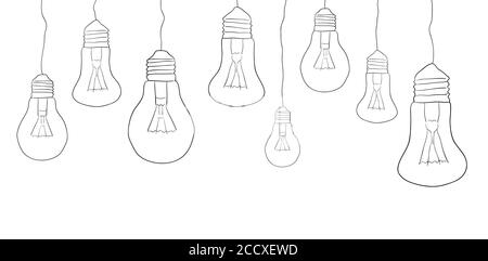 Linear illustration of hanging light bulbs. Border. Vector element for your creativity Stock Vector