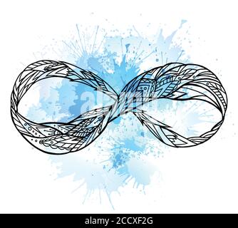 Black and white illustration of the sign of eternity with boho pattern and watercolor splashes. Doodle element for print on T-shirt, sketches of tatto Stock Vector