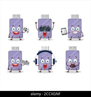 Flashdisk cartoon character are playing games with various cute emoticons Stock Vector