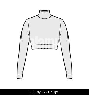 Cropped turtleneck jersey sweater technical fashion illustration with long sleeves, close-fitting shape. Flat outwear jumper apparel template front grey color. Women men unisex shirt top CAD mockup Stock Vector