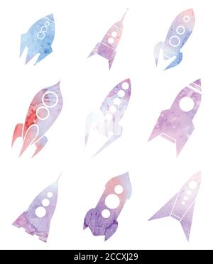 Set of spacecraft icons with watercolor background. Silhouettes of spaceships. Vector element for your design Stock Vector