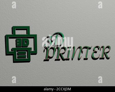 3D PRINTER icon and text on the wall, 3D illustration Stock Photo