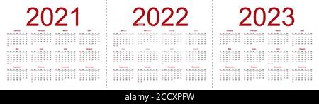 Set of minimalist calendars, years 2021 2022 2023, weeks start Sunday. Isolated vector illustration on white background. Stock Vector
