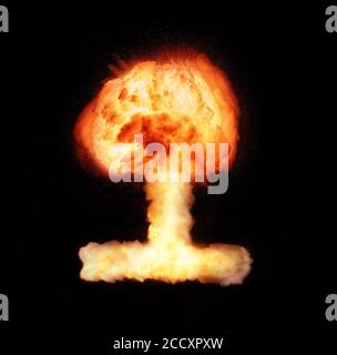 Atomic bomb explosion mushroom isolated on black background. Stock Photo