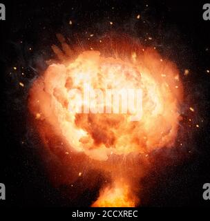 Atomic bomb explosion mushroom isolated on black background. Stock Photo