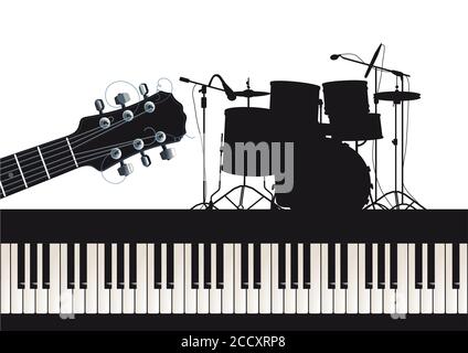musical instruments guitar, piano, drums Stock Vector