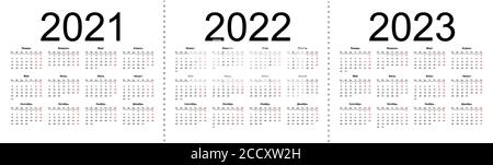 Calendar grid for 2021, 2022 and 2023 years. Simple horizontal template in Russian language. Isolated vector illustration on white background. Stock Vector