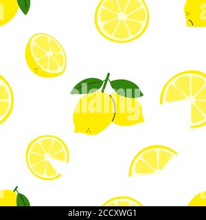 Citrus fruit. Lemon branch with green leaves. Lemon whole and cut, half and slices. Vector seamless pattern with lemons isolated on white. Endless Stock Vector
