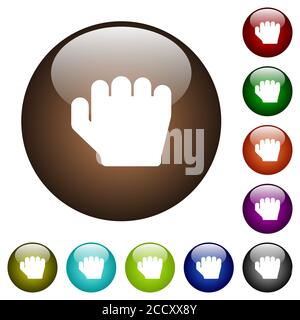 Right handed grab gesture white icons on round glass buttons in multiple colors Stock Vector