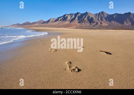 Footprints in the sand, beach Playa de Cofete, Fuerteventura, Canary Islands, Spain Stock Photo