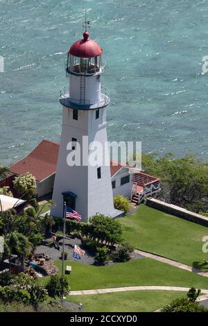 Diamond Head Lighthouse of the US Coast Guard, view from Diamond Head Crater, Honolulu, Oahu, Hawaii, USA Stock Photo