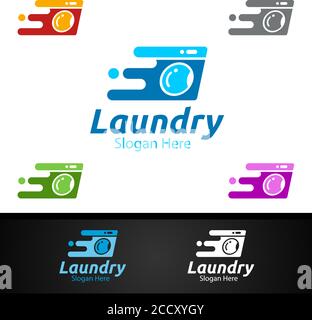 Fast Laundry Dry Cleaners Logo with Clothes, Water and Washing Concept Design Stock Vector