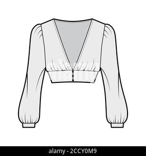 Cropped top technical fashion illustration with long bishop sleeves, puffed shoulders, front button fastenings. Flat apparel shirt template front, grey color. Women men, unisex blouse CAD mockup Stock Vector
