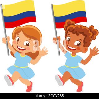 Colombia flag in hand. Children holding flag. National flag of Colombia ...