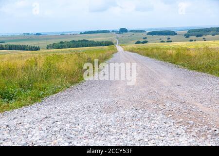 Unmade byway track road running west across Salisbury Plain towards Netheravon, Wiltshire, England, UK Stock Photo