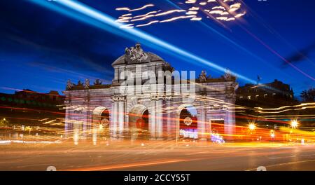 Puerta de Alcala with Christmas lights at dusk, Madrid, Spain Stock Photo