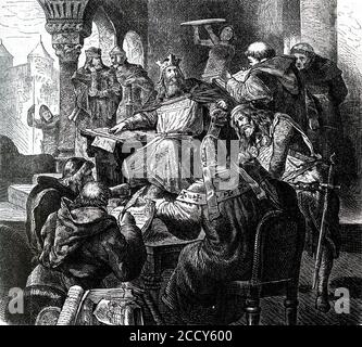 Charlemagne in the circle of scholars and clergymen, Historical Illustration from Otto von Leixner, Illustrated History of German Literature, Leipzig Stock Photo