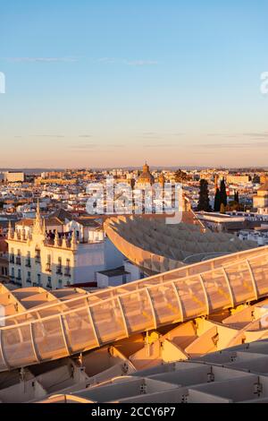 View over Sevilla, sunset, Iglesia San Luis de los Franceses, Las Setas, Metropol Parasol, curved wooden construction, Plaza de la Encarnacion Stock Photo
