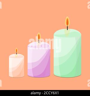 three burning candles of green, pink and light orange on an orange background Stock Vector