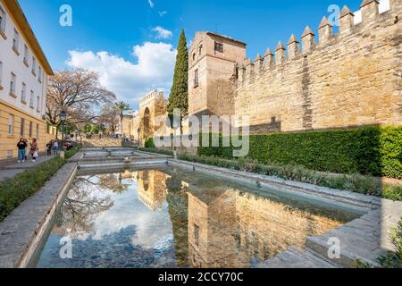 City wall with city gate Puerta de Almodovar, reflected in fountains, Cordoba, province of Cordoba, Andalusia, Spain Stock Photo