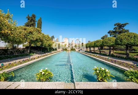 Garden with fountain, Alcazar de los Reyes Cristianos, Cordoba, Province of Cordoba, Andalusia, Spain Stock Photo