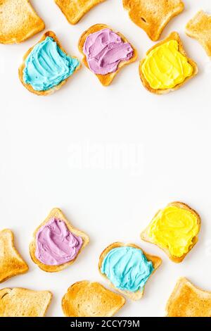 Variety spreads on bread slices. Layout top view Stock Photo