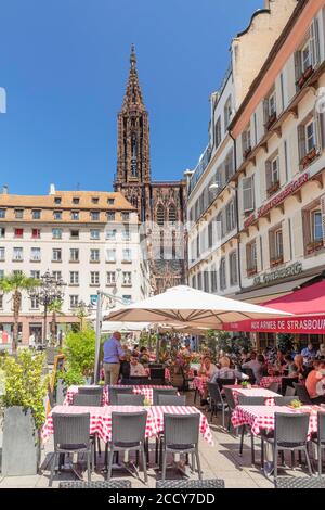 Restaurant at Place Gutenberg with view of the Strasbourg Cathedral, Strasbourg, Alsace, France Stock Photo