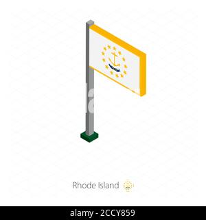 Rhode Island US state flag on flagpole in isometric dimension. Isometric blue background. Vector illustration. Stock Vector