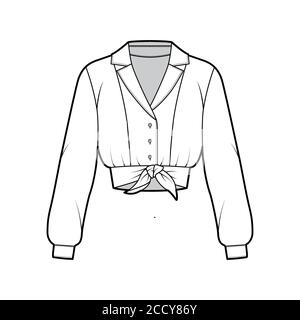 Tie-front cropped shirt technical fashion illustration with camp collar, long sleeves with cuff, front button fastenings. Flat blouse apparel template front white color. Women men unisex top mockup Stock Vector
