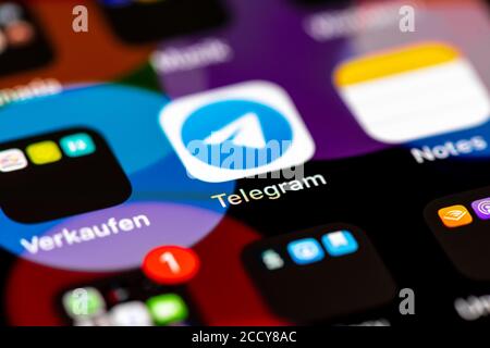 Telegram, Messenger App, App Icons on a mobile phone display, iPhone, Smartphone, close-up, format filling Stock Photo