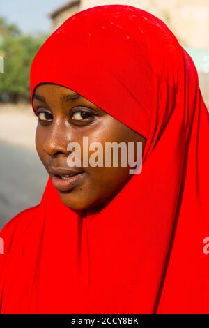 Somali woman posing for the camera, coastal town of Berbera, Somaliland, Somalia Stock Photo
