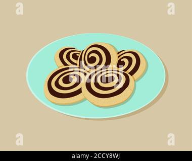 drawn round chocolate cream spiral cookie in a light blue plate on a light brown background Stock Vector