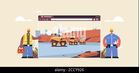 engineers controlling professional equipment working on coal mine production digital industry in web browser window full length horizontal vector illustration Stock Vector