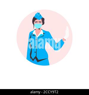 stewardess in uniform wearing face mask to prevent coronavirus pandemic covid-19 quarantine concept portrait vector illustration Stock Vector