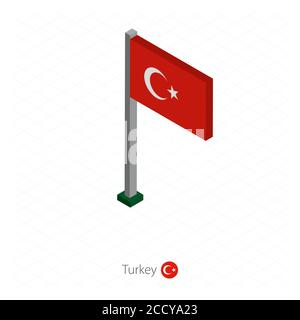 Turkey Flag on Flagpole in Isometric dimension. Isometric blue background. Vector illustration. Stock Vector