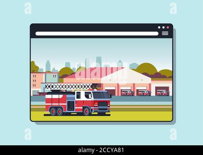 firefighter truck near building of fire station firefighting concept digital fire department in web browser window horizontal vector illustration Stock Vector
