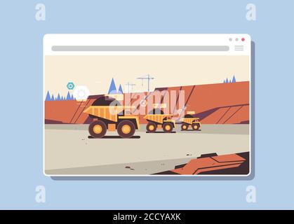 professional equipment working on coal mine production digital industry in web browser window opencast stone quarry horizontal vector illustration Stock Vector