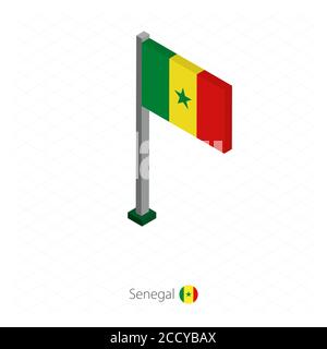 Senegal Flag on Flagpole in Isometric dimension. Isometric blue background. Vector illustration. Stock Vector