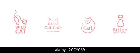 Cute line style kitty icons for cafe or pet shop in pink color Stock Vector