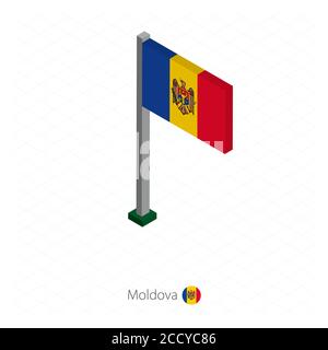 Moldova Flag on Flagpole in Isometric dimension. Isometric blue background. Vector illustration. Stock Vector