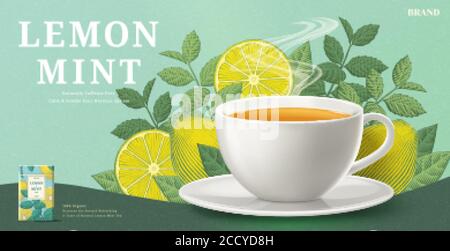 Lemon mint tea banner ads with engraving ingredients background, 3d illustration tea cup and packaging Stock Vector