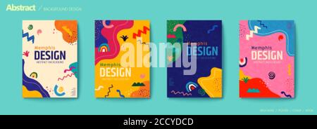 Vivid color abstract flyer set with rainbow, zigzag and irregular shapes Stock Vector