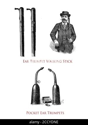 Healthcare and medical hearing accessories : ear trumped walking stick and pocket ear trumpet Stock Photo