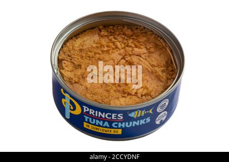Tin of Princes Tuna Chunks in Sunflower Oil opened to show contents isolated on white background - responsibly sourced, high in protein Stock Photo