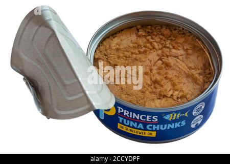 Tin of Princes Tuna Chunks in Sunflower Oil opened to show contents isolated on white background - responsibly sourced, high in protein - ring pull Stock Photo