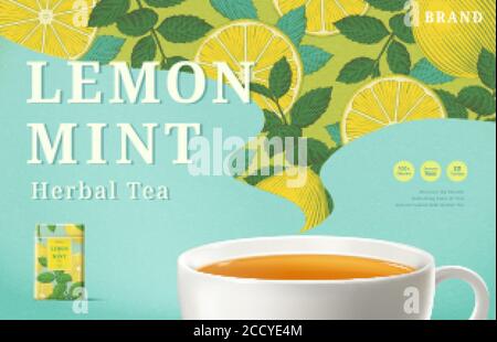 Lemon mint tea ads with engraving pattern in hot steam shape, 3d illustration tea cup and packaging on turquoise background Stock Vector