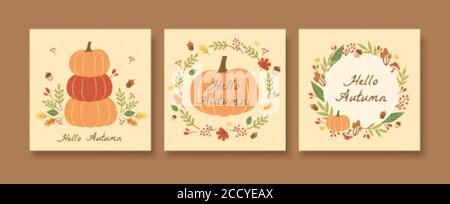 Hello autumn pumpkin illustration pattern set with acorns and leaves wreath Stock Vector