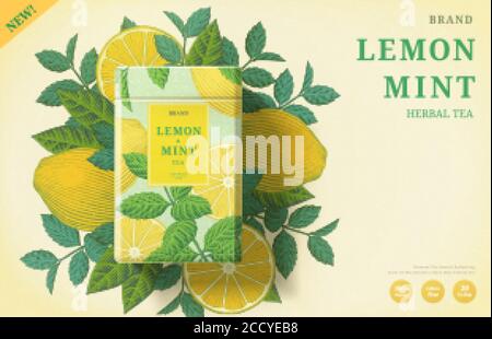 Lemon mint tea ads with engraving ingredients background on beige background, 3d illustration yellow and mint color packaging Stock Vector
